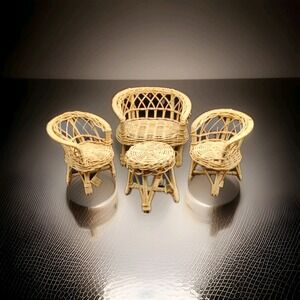 Wicker Doll Furniture Set 4 Piece Chairs And Table Medium Made In Hong Kong